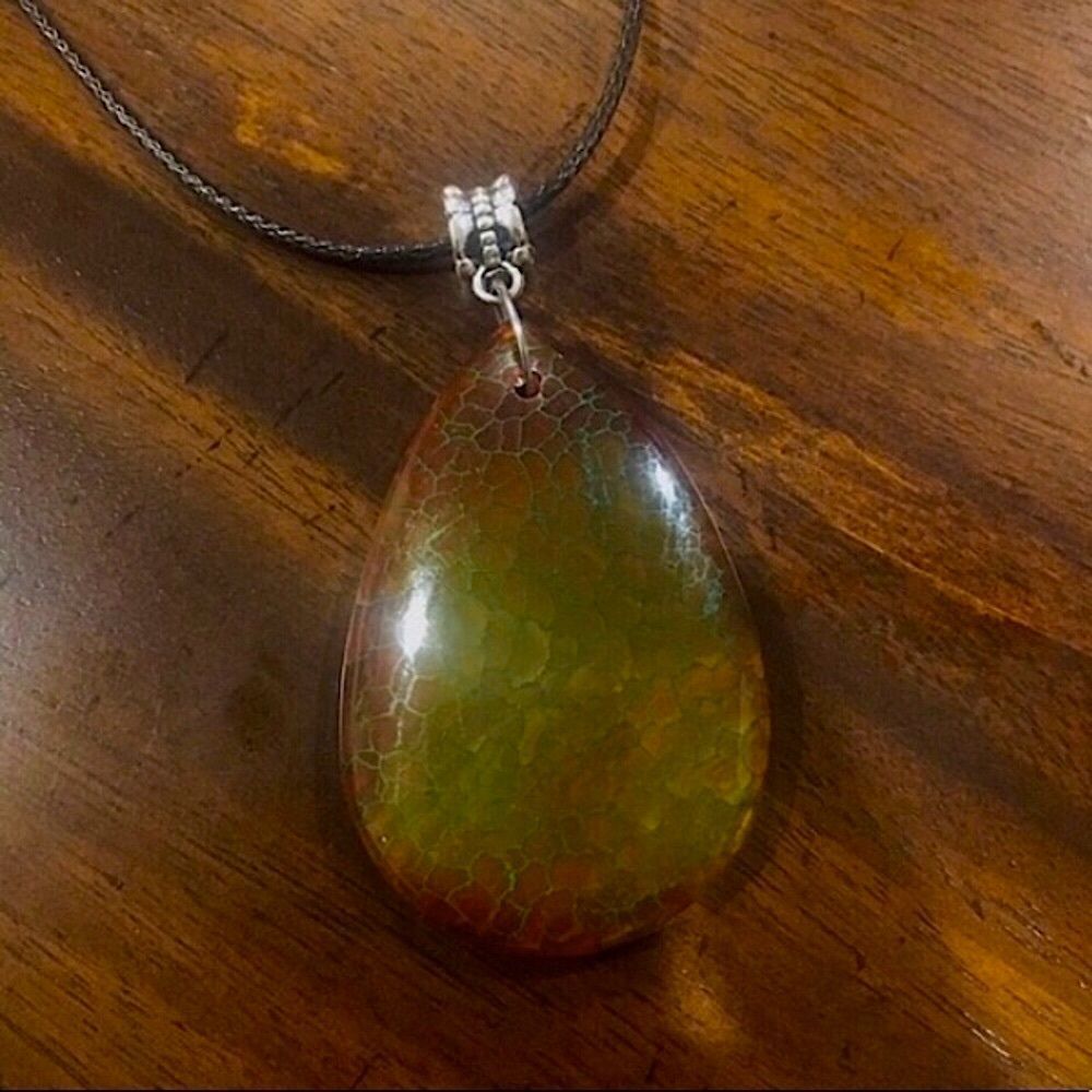 Fire Dragon Agate Teardrop Pendant on Waxed Necklace w/ Lobster Claw Clasp